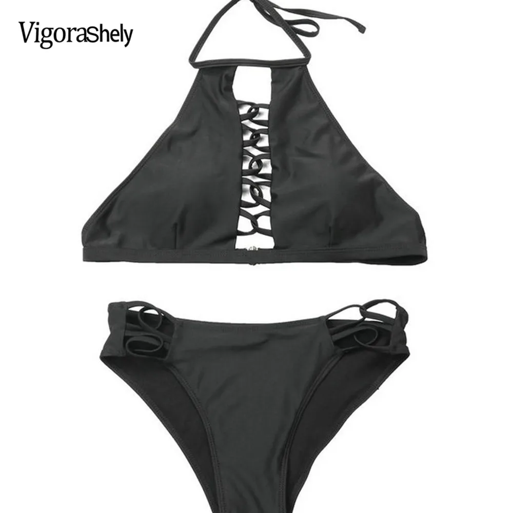 Vigorashely Bandage Swimwear Women Sexy Black Hollow Bikini Set - Image 6