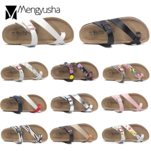 Flower Print Cork Sandals Women Clip Toe Slippers Narrow