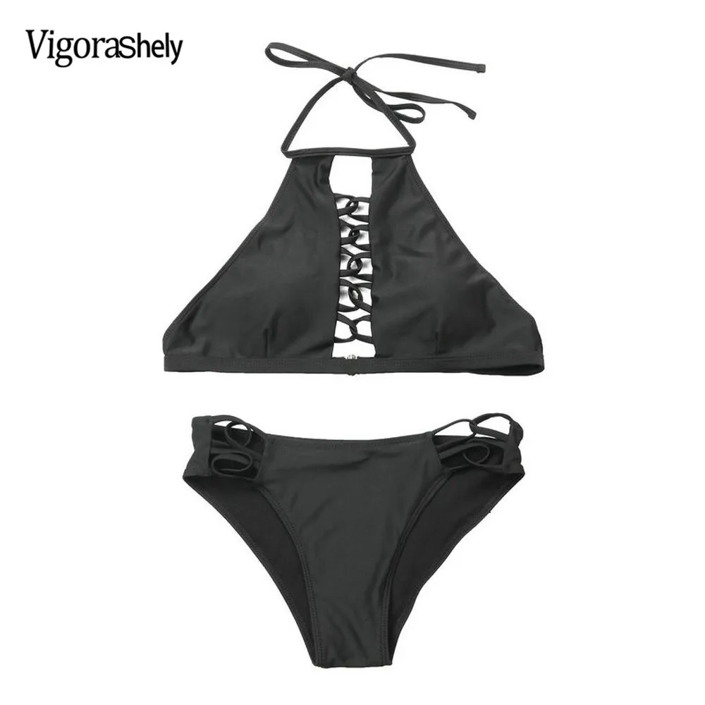 Vigorashely Bandage Swimwear Women Sexy Black Hollow Bikini Set - Image 4