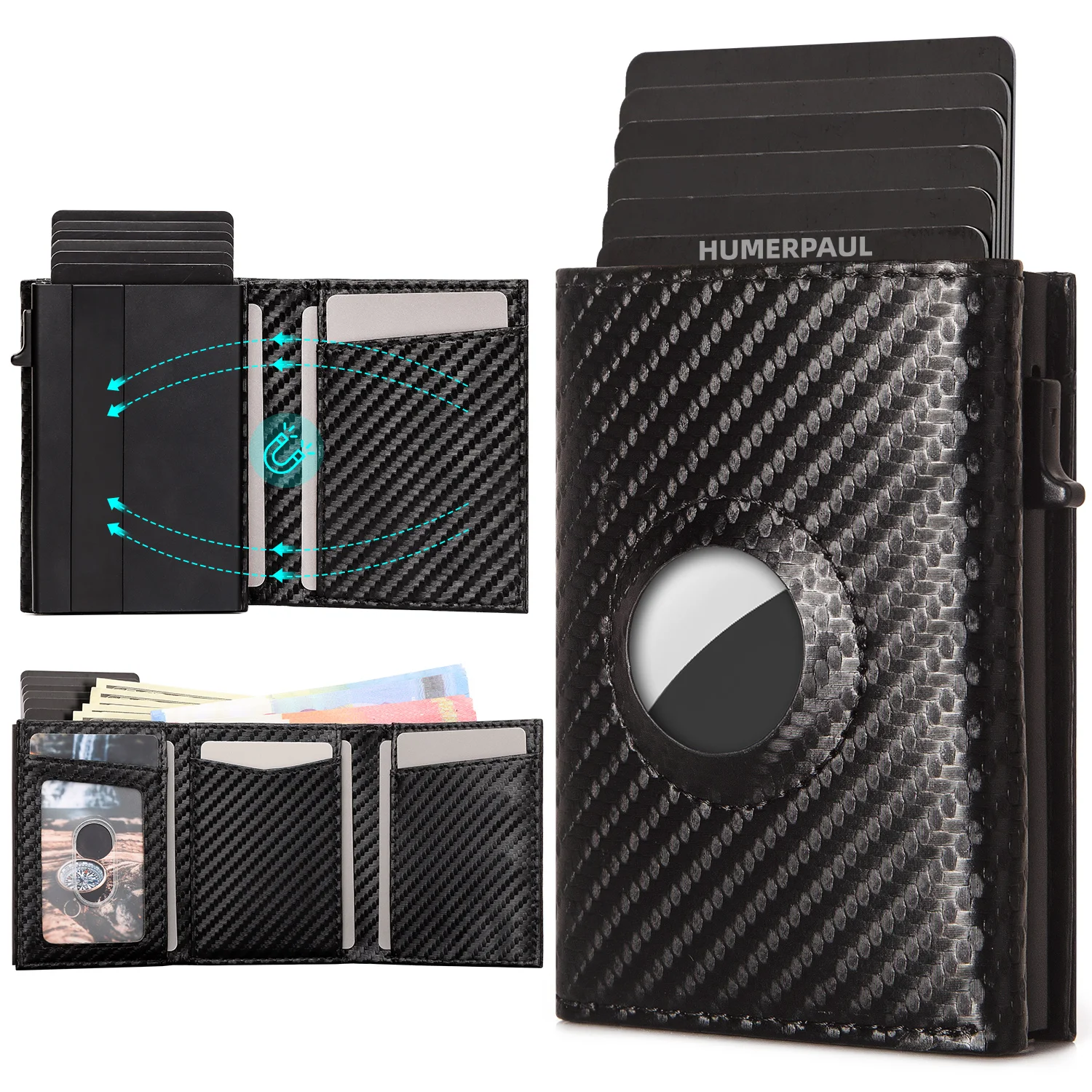 Carbon Fiber Mens Airtag Wallet Rfid Blcoking Pop Up