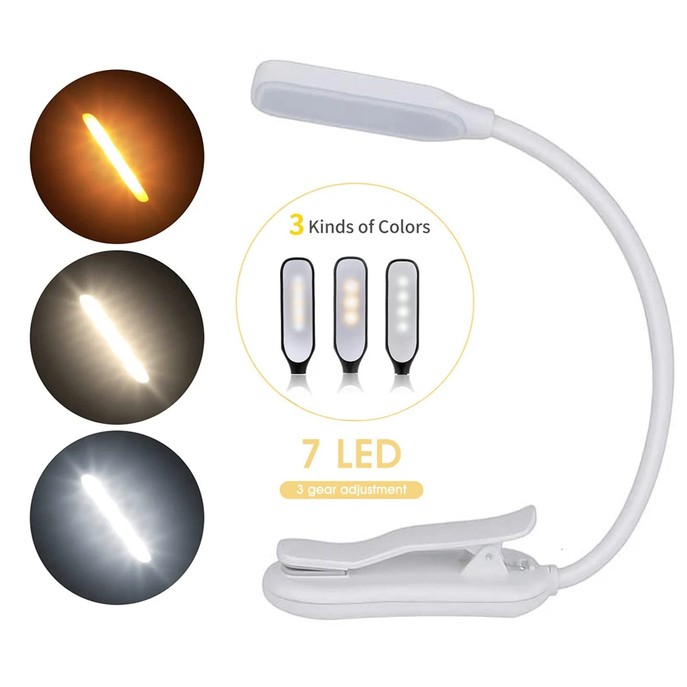 Rechargeable Book Light Mini 7 LED Reading Light 3-Level Warm Cool White Flexible Easy Clip Lamp Read Night Reading Lamp in Bed - Image 8
