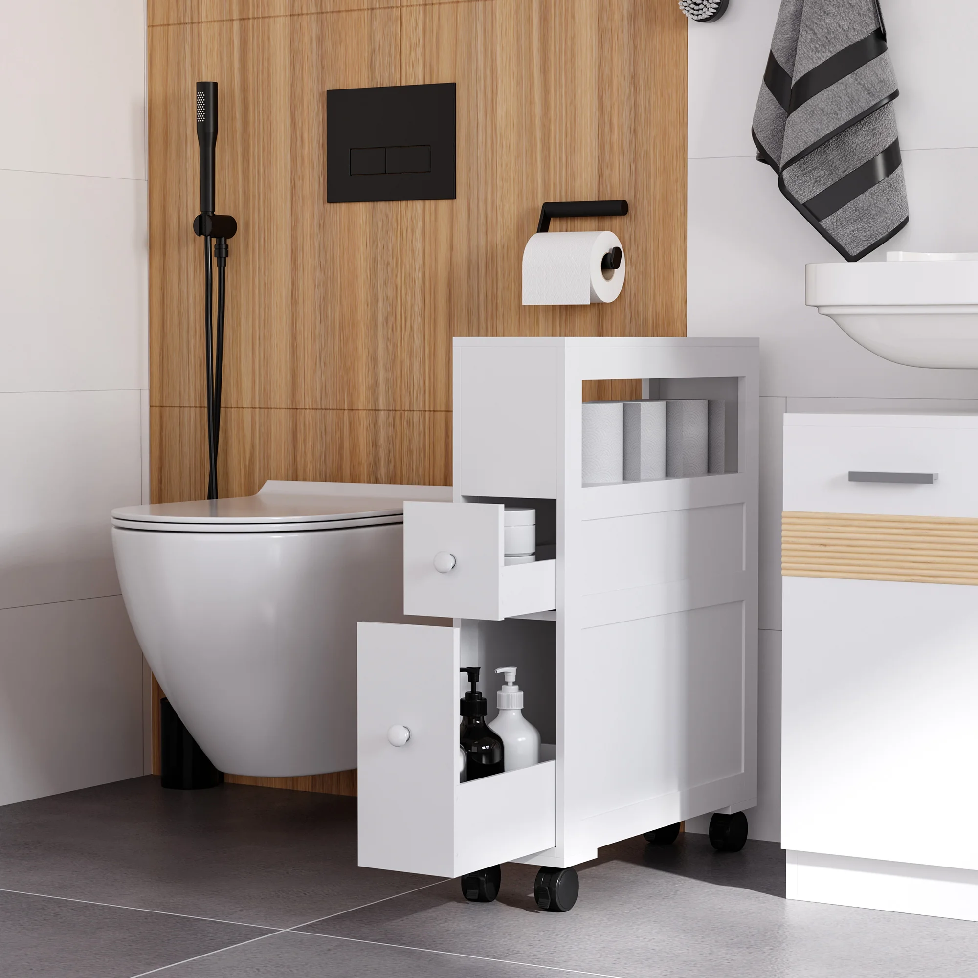 Homcom Bathroom Cabinet With Wheels 2 Drawers And Shelf - Image 2