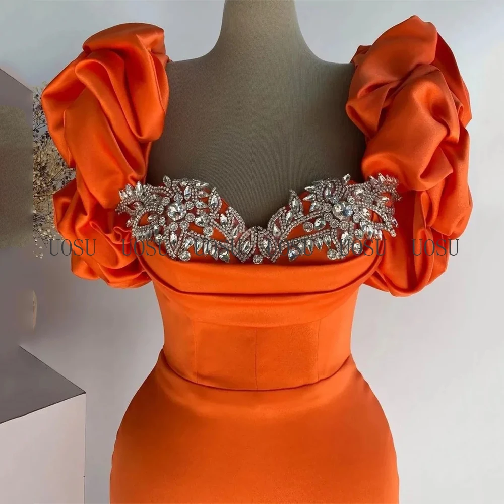 Customized Prom Dress Mermaid Puff Sleeves Women's Formal Party Dresses Long Sweetheart Luxury Crystal Satin Evening Gown Orange - Image 2