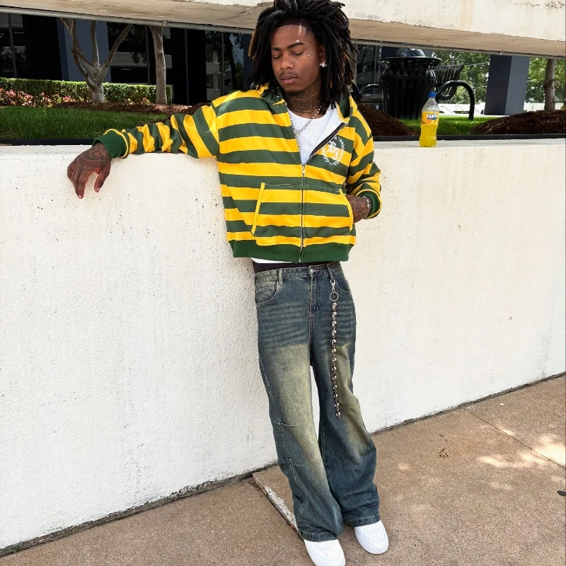 Y2k Street Kid Zip Up Hoodie Stripe Rivet Embroidery - Image 6
