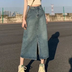 Summer New High-waist Slit Denim Skirt For Women Washed