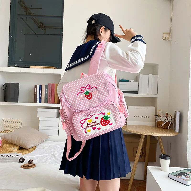 Pink Girl Embroidery Strawberry Children S Schoolbag Student Birthday - Image 2