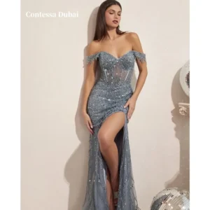 Sequin Off Shoulder Side High Split Prom