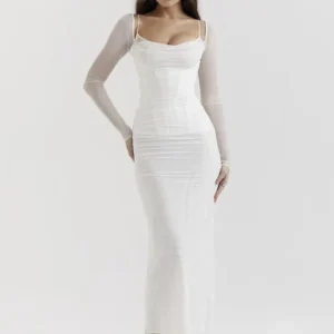 Mozision Elegant Sheer Long Sleeve Sexy Maxi Dress For