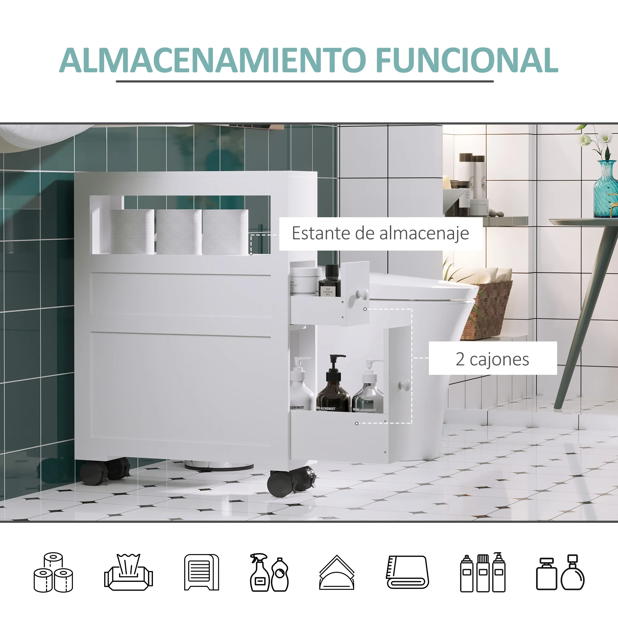 Homcom Bathroom Cabinet With Wheels 2 Drawers And Shelf - Image 6