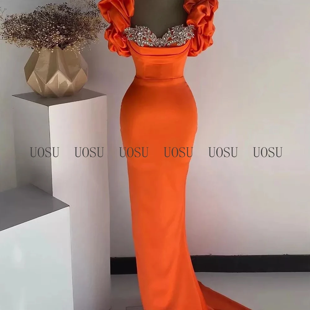 Customized Prom Dress Mermaid Puff Sleeves Women's Formal Party Dresses Long Sweetheart Luxury Crystal Satin Evening Gown Orange - Image 10