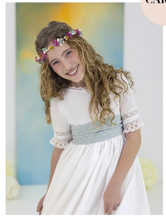 Custom Flower Girl Dress for Weddings, with a Bow and Blue Waistband, Children's Birthday Party, First Communion, and Pageant Dr - Image 2