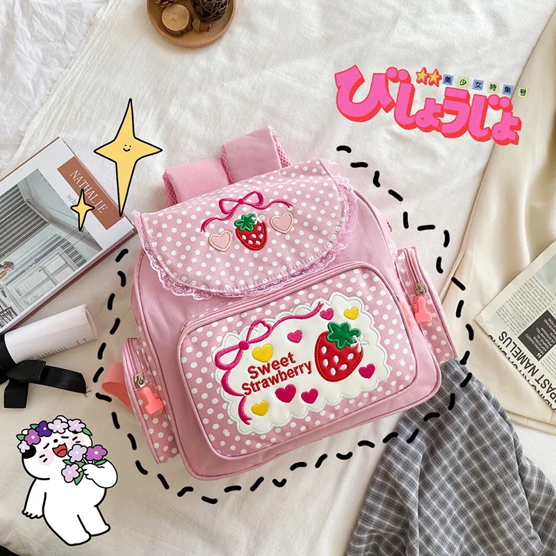 Pink Girl Embroidery Strawberry Children S Schoolbag Student Birthday