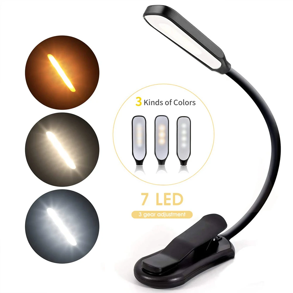 Rechargeable Book Light Mini 7 LED Reading Light 3-Level Warm Cool White Flexible Easy Clip Lamp Read Night Reading Lamp in Bed - Image 7