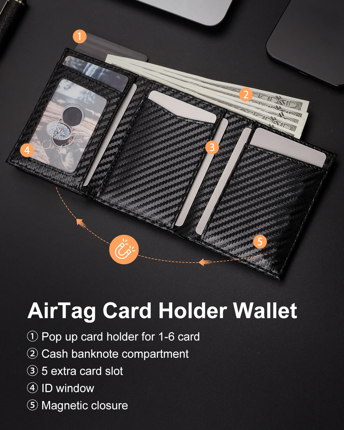 Carbon Fiber Mens Airtag Wallet Rfid Blcoking Pop Up - Image 2