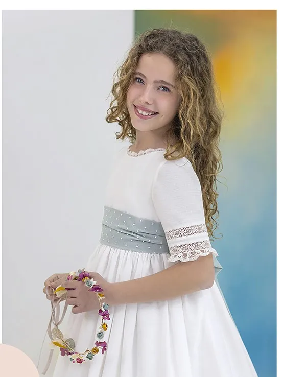 Custom Flower Girl Dress for Weddings, with a Bow and Blue Waistband, Children's Birthday Party, First Communion, and Pageant Dr - Image 3