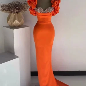 Customized Prom Dress Mermaid Puff Sleeves Women's Formal Party Dresses Long Sweetheart Luxury Crystal Satin Evening Gown Orange