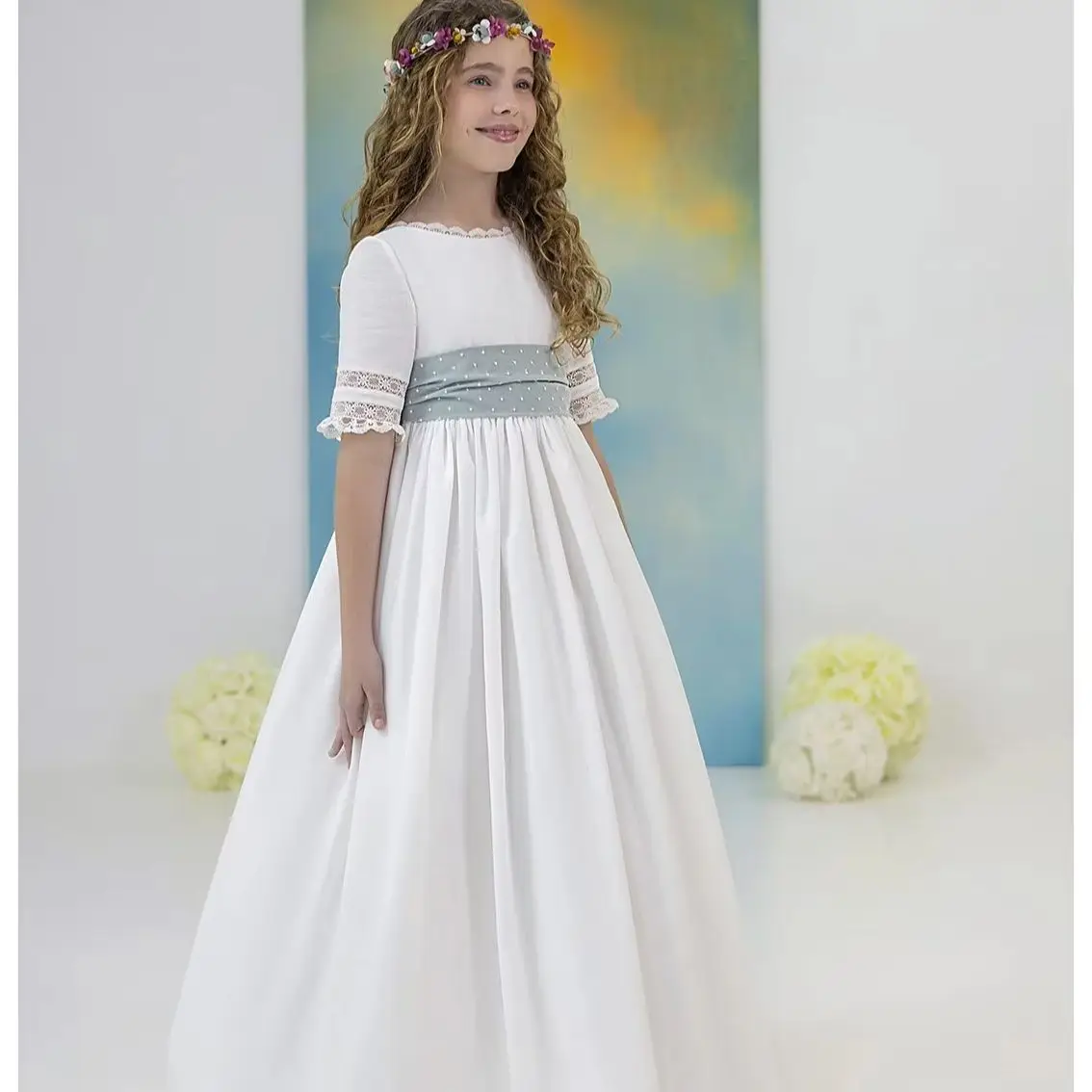 Custom Flower Girl Dress for Weddings, with a Bow and Blue Waistband, Children's Birthday Party, First Communion, and Pageant Dr