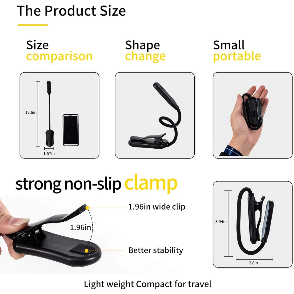 Rechargeable Book Light Mini 7 LED Reading Light 3-Level Warm Cool White Flexible Easy Clip Lamp Read Night Reading Lamp in Bed - Image 3