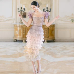 Sharon Said Luxury Feathers Tassel Lilac Dubai Evening Dress