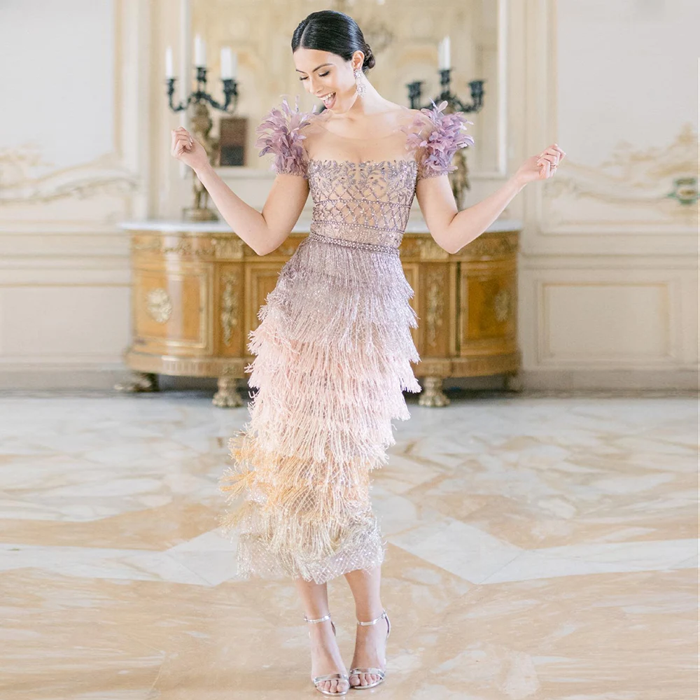 Sharon Said Luxury Feathers Tassel Lilac Dubai Evening Dress