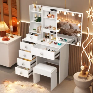 White Dressing Table Vanity Set With Sliding Mirror Frame