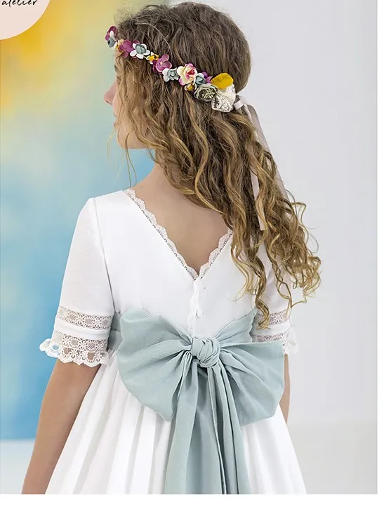 Custom Flower Girl Dress for Weddings, with a Bow and Blue Waistband, Children's Birthday Party, First Communion, and Pageant Dr - Image 4