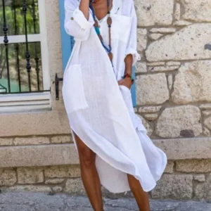 White Women S Shirt Dress Solid Color Button Split