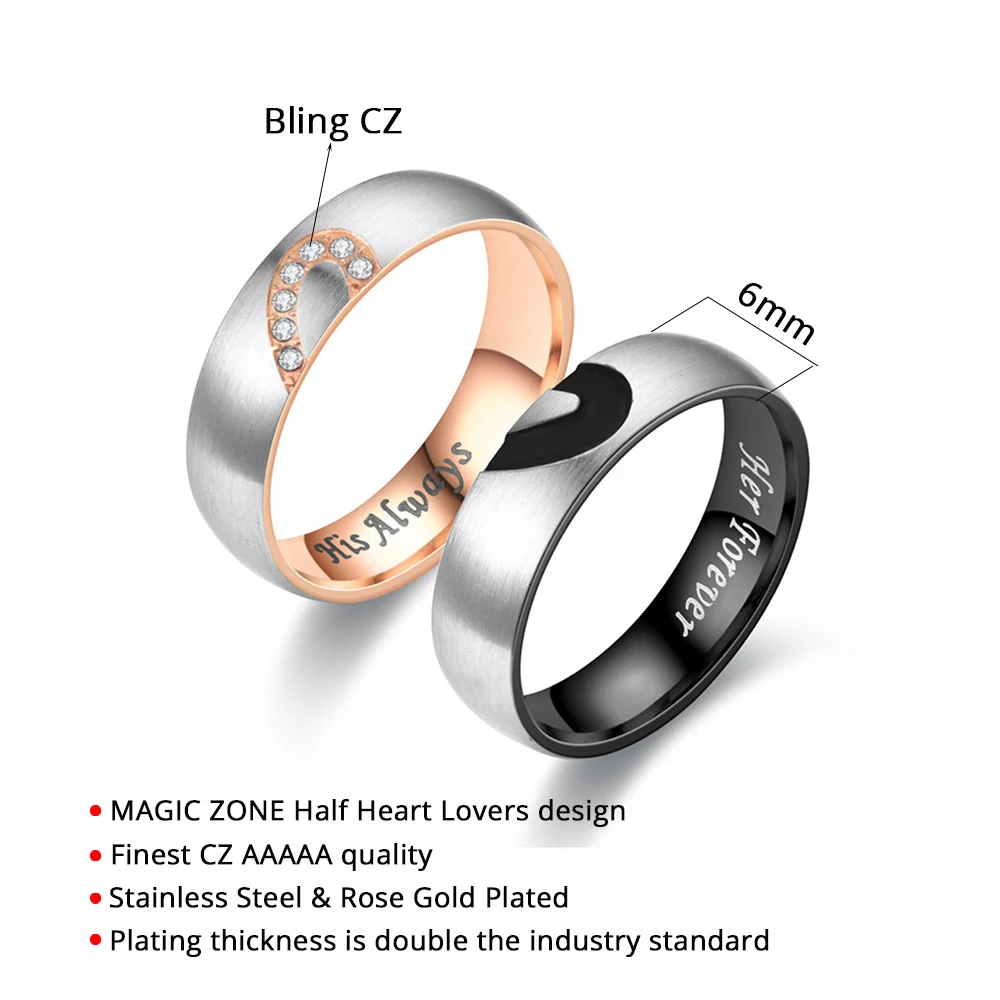Rose Gold/black Color Heart Couple Rings Stainless Steel Couples - Image 3