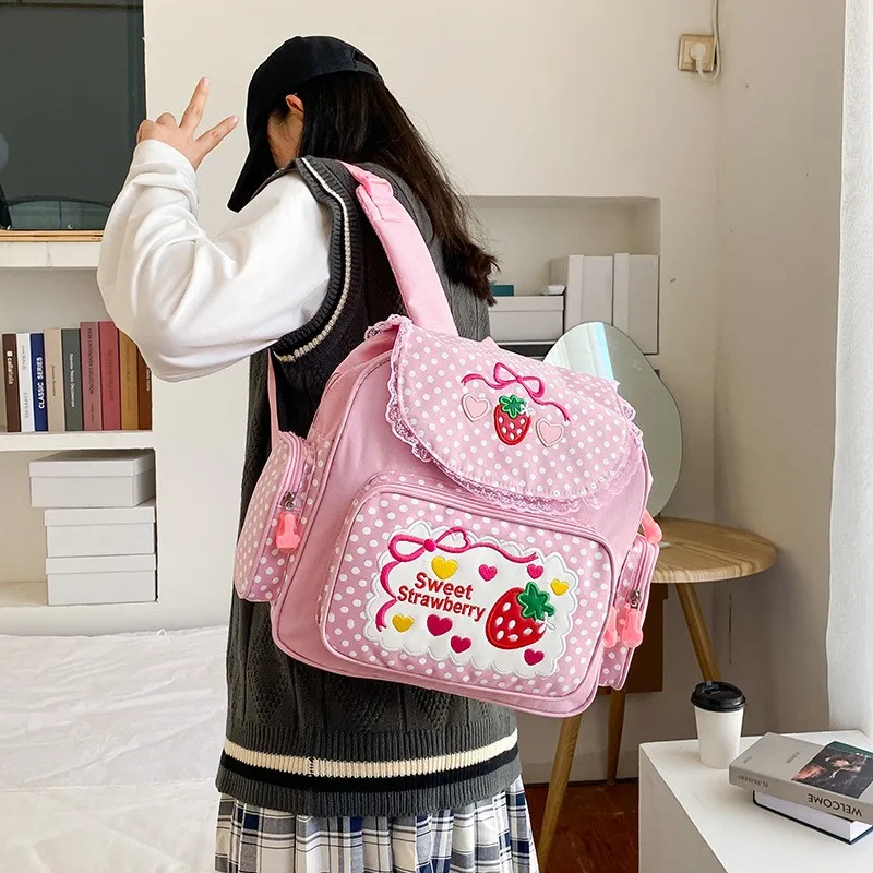 Pink Girl Embroidery Strawberry Children S Schoolbag Student Birthday - Image 3