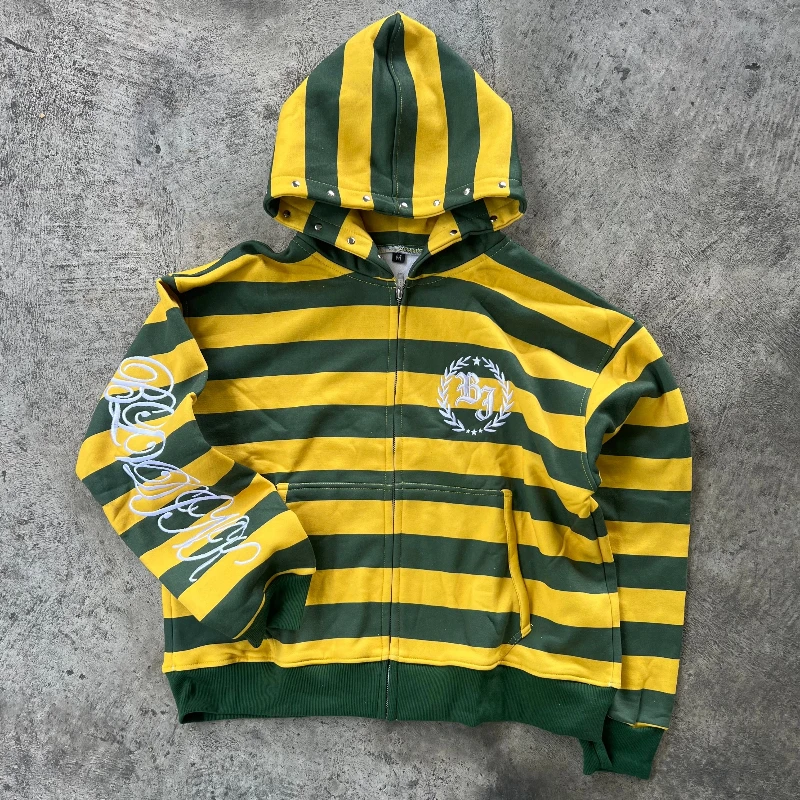 Y2k Street Kid Zip Up Hoodie Stripe Rivet Embroidery - Image 2