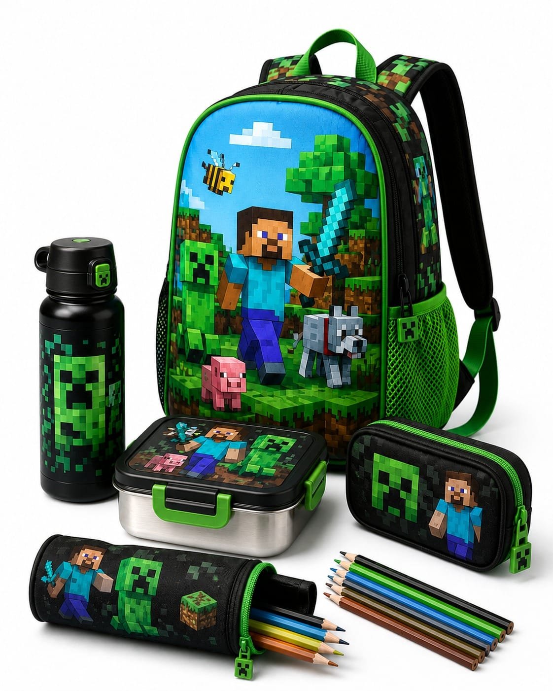 TRENDIY™ Complete Back to School Set – Backpack, Lunch Box, Bottle, Pencil Cases & Colored Pencils