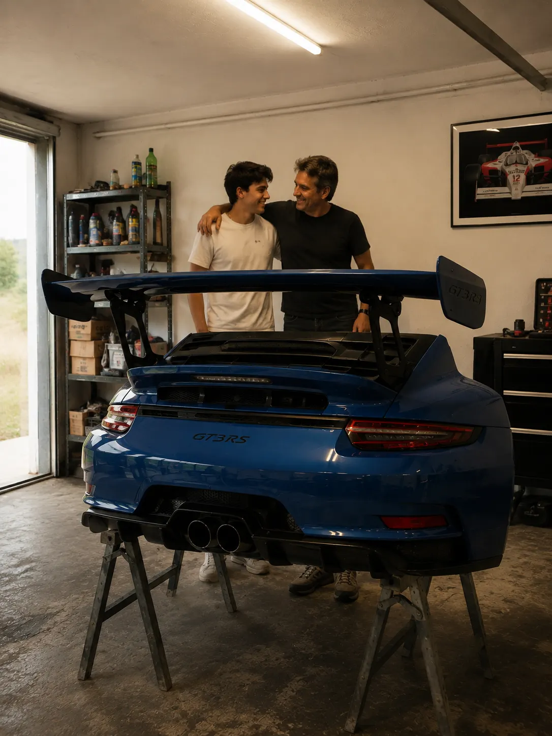 Father and son celebrating with a finished Automotive Wall Display